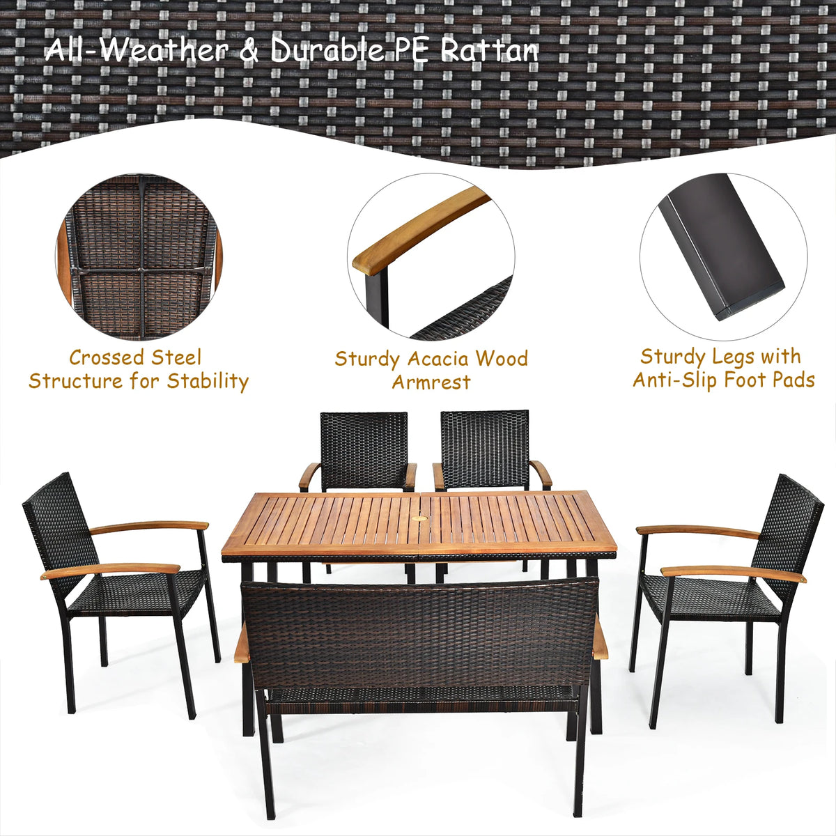 6 PCS Patio Rattan Dining Set Acacia Wood Table Stackable Chair Bench