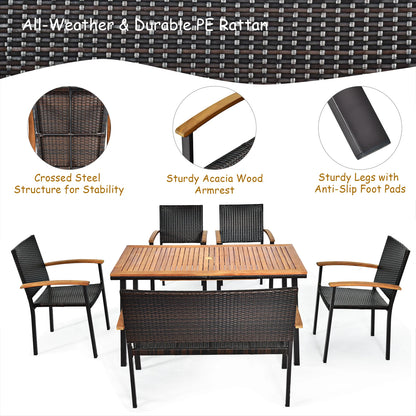 6 PCS Patio Rattan Dining Set Acacia Wood Table Stackable Chair Bench