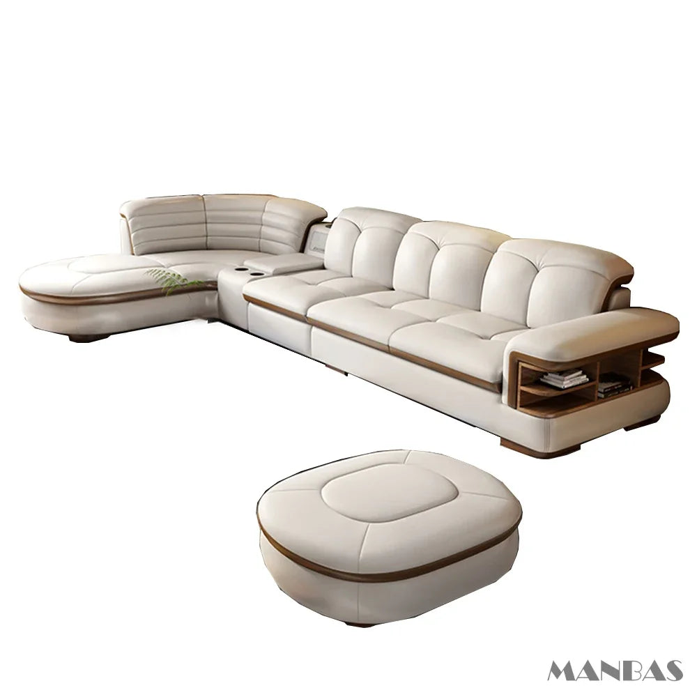 L-Shaped Genuine Leather Sectional Sofa Sets with USB, Bluetooth Speaker