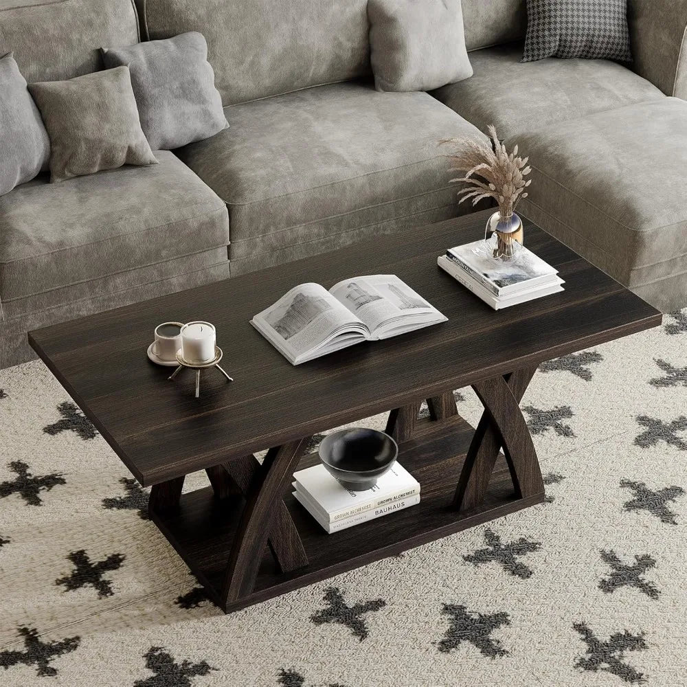 Shelf-Included Farmhouse Coffee Table, Wooden Living Room Table with Open Display, 47 Inch Dark Brown