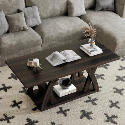 Shelf-Included Farmhouse Coffee Table, Wooden Living Room Table with Open Display, 47 Inch Dark Brown
