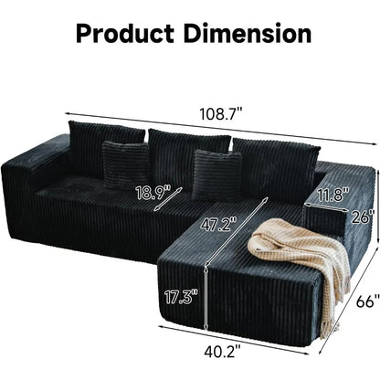 Upgrade 108’’ L Shape Cloud Couch, Plush Corduroy Sectional Sofa with Chaise, Boneless Couches for Living Room Bedroom, No Assem