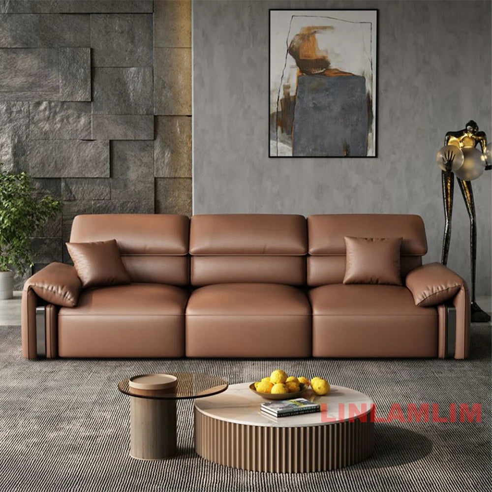 Modern Convertible Genuine Leather Sofa Bed – Multi-functional Electric Sleeper Couch with Adjustable Seats & Wide Chaise Lounge