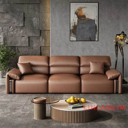 Modern Convertible Genuine Leather Sofa Bed – Multi-functional Electric Sleeper Couch with Adjustable Seats & Wide Chaise Lounge