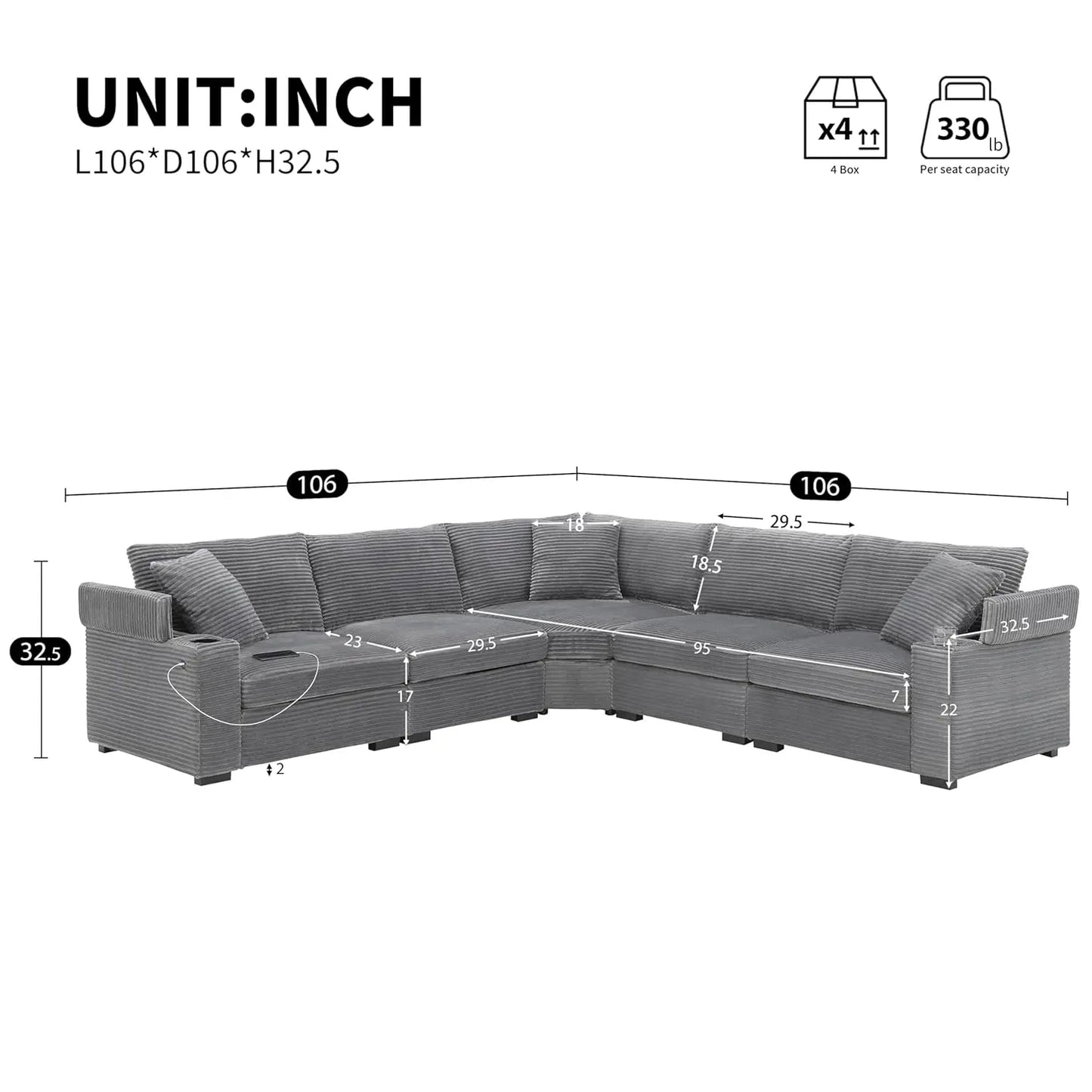106" Corduroy Sectional Corner Sofa with Cup Holders & USB Charger, 5 Seat Convertible L Shaped Couch Set with Armrest Storage