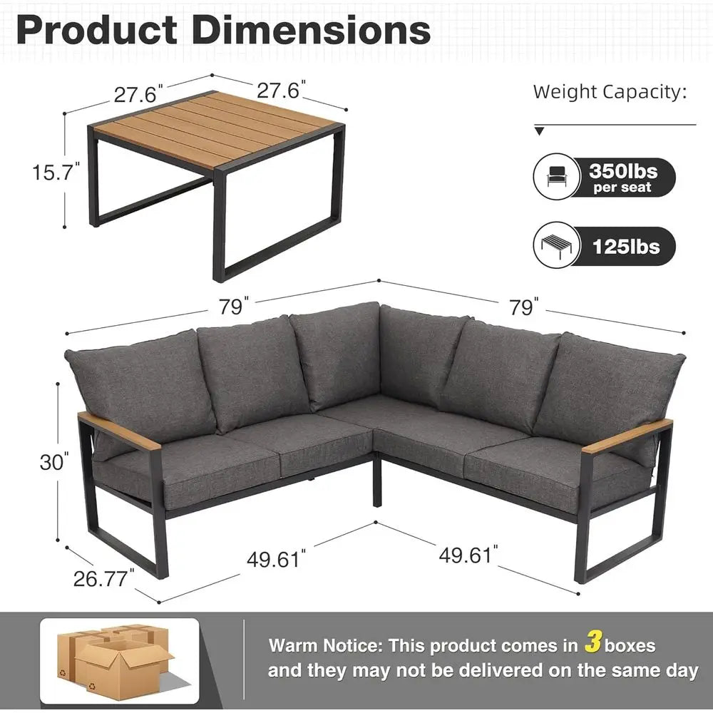 6-Piece Outdoor Sectional Sofa Set with Side Table, L-Shaped Patio Furniture, Grey