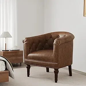 Accent Chair, Upholstered Faux Leather Barrel Chair with Nailed Trim, Comfy Club Armchair for Reading Living Room Bedroom Waitin