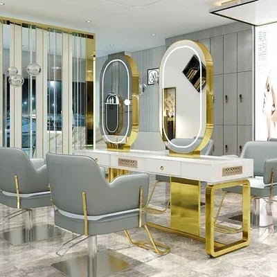 SS newBarber Shop Hair Salon Hair Salon with Socket Hot Dyeing with Light Stainless Steel Floor Dressing Table