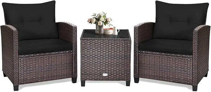 3 Piece Patio Furniture Set, Outdoor Conversation Set with Washable Cushions & Tempered Glass Tabletop, PE Rattan Wicker Bistro