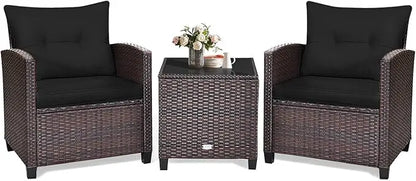 3 Piece Patio Furniture Set, Outdoor Conversation Set with Washable Cushions & Tempered Glass Tabletop, PE Rattan Wicker Bistro