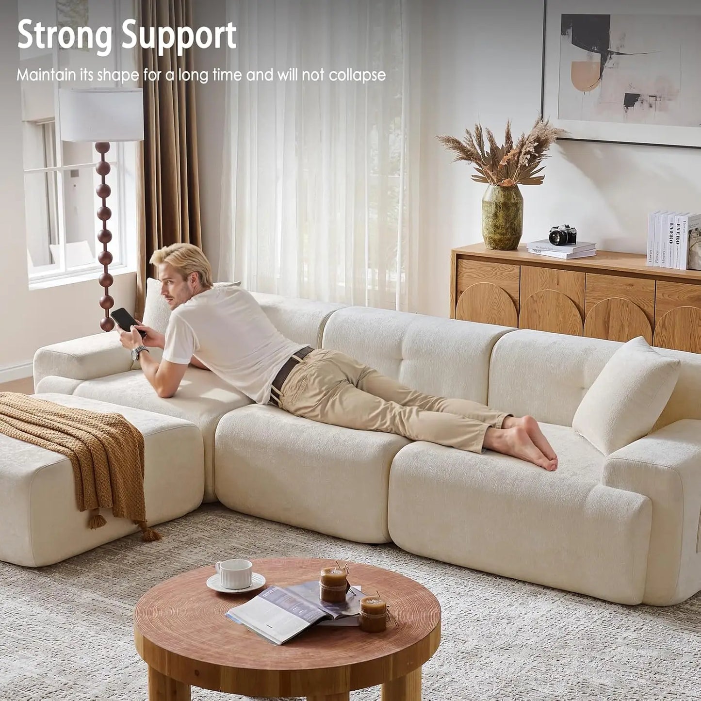 118" Modern L-Shaped Boneless Couch Modular Sectional Sofa for Living Room, Chenille Upholstery Beige, Oversized 3-Seater Sectio