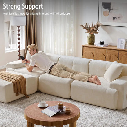 118" Modern L-Shaped Boneless Couch Modular Sectional Sofa for Living Room, Chenille Upholstery Beige, Oversized 3-Seater