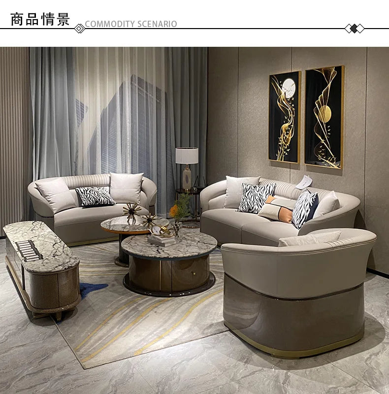 pg55Italian Style Light Luxury Genuine Leather Sofa Villa Living Room Large and Small Suite Combination