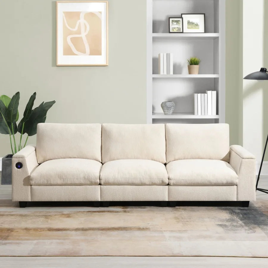 9635''Chenille Sectional Sofa with Bluetooth Speaker Comfy Cloud Couch Set with Drop Down Table Cup Holders USB Charger Storage