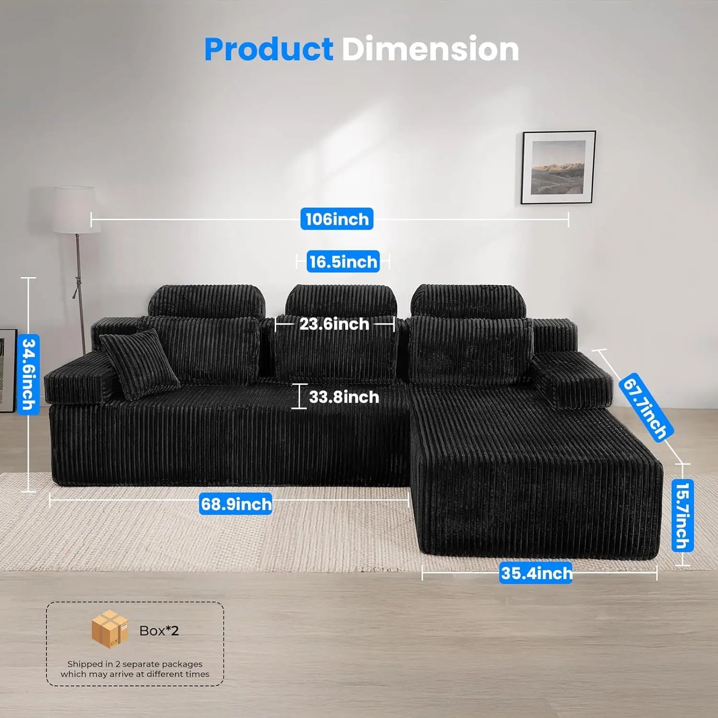"High Backrest L-Shape Modular Sectional Sofa with Cloud Corduroy, Convertible Chaise for Left or Right Side, Bonel"