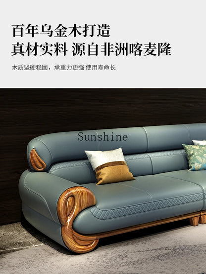 Ebony leather sofa living room new Chinese villa modern light luxury high-end sofa combination