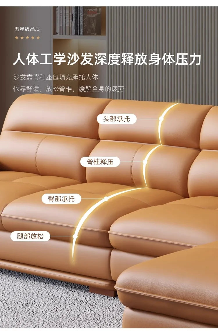 Nordic Italian light luxury leather sofa with a top layer of cowhide, modern and minimalist living room size,  art sofa