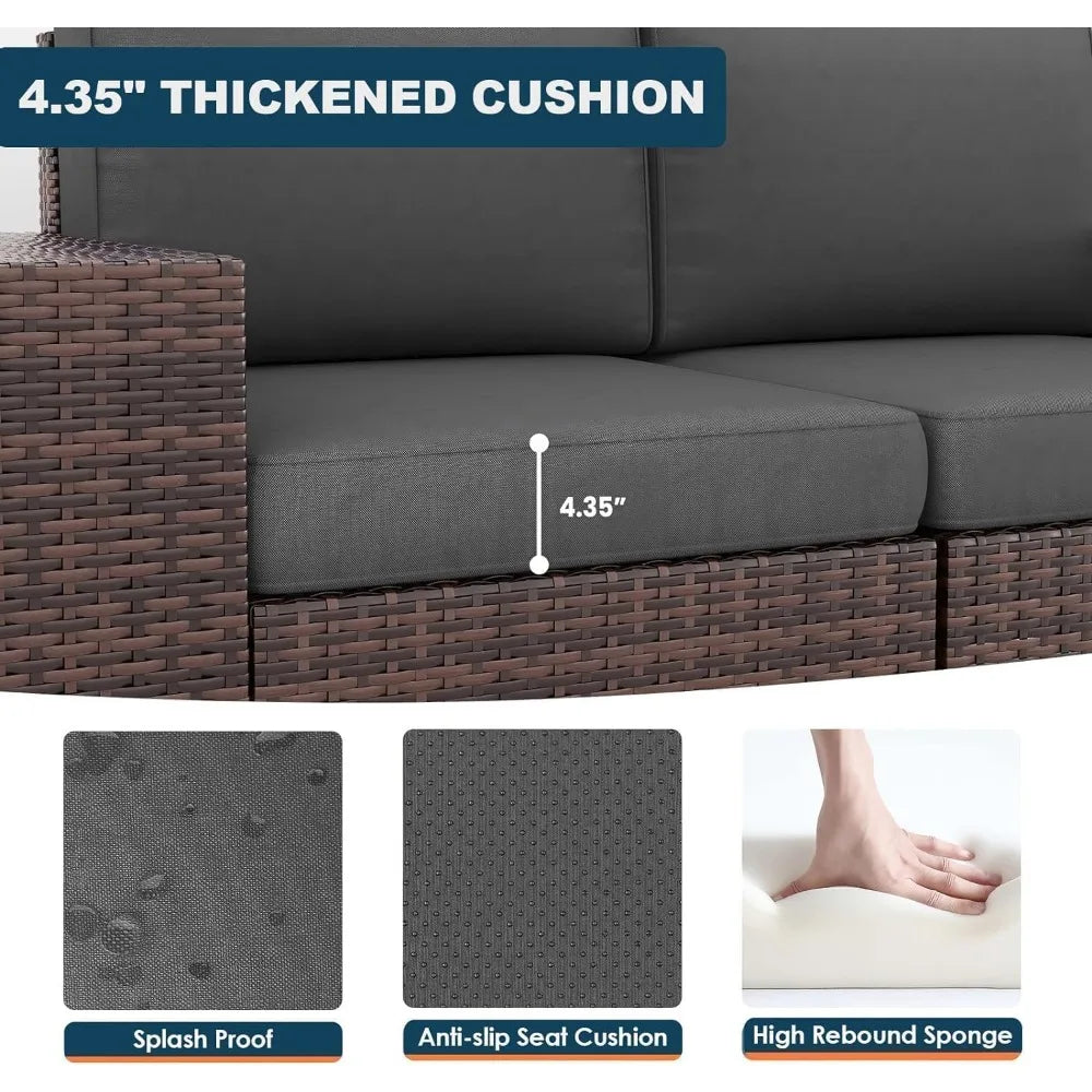 5-piece brown wicker outdoor patio furniture set with fire pit table and sectional sofa for deck and garden conversation area