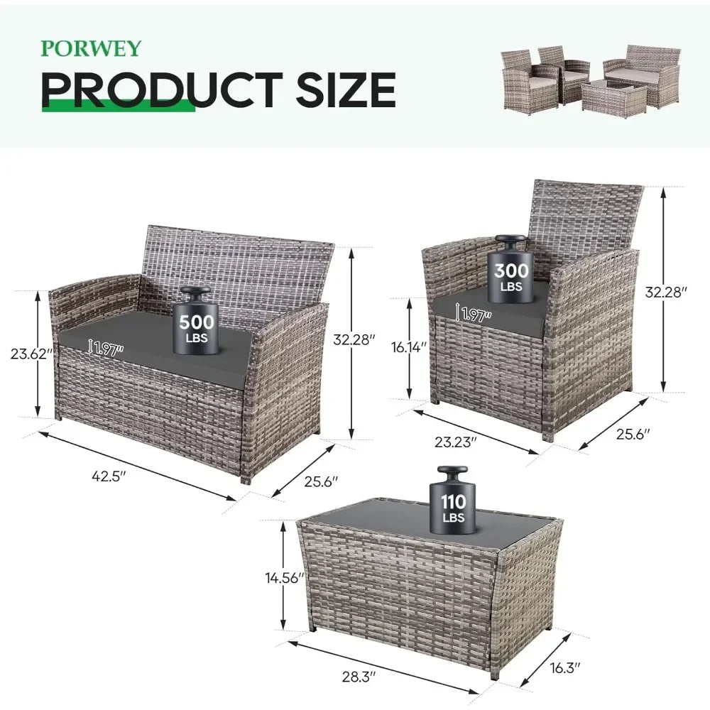 Patio Outdoor Furniture 4 Pieces Sectional Sofa Set Balcony Furniture Wicker Rattan Chairs with Table and Loveseat for Garden