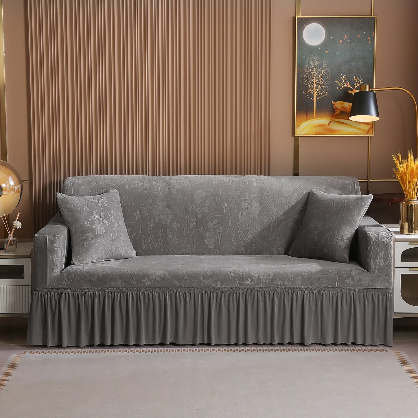 Luxury 1/2/3/4 Seater Slipcover with Elegant Skirt Solid Color Thickened Crystal Velvet Jacquard European Full Cover Non-Slip