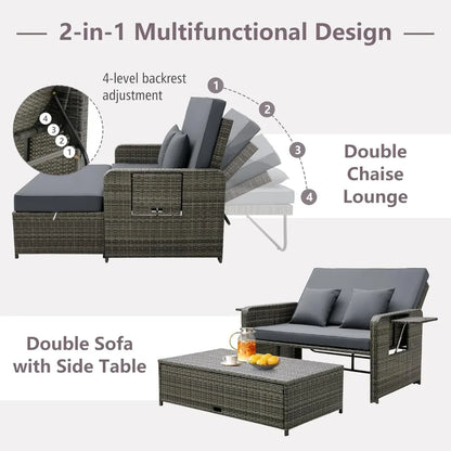 Wicker Patio Outdoor Daybed - Rattan Day Bed Lounger with Loveseat & Storage Ottoman, Sunbed Sofa Set w/Cushions, 4-Level Adjus