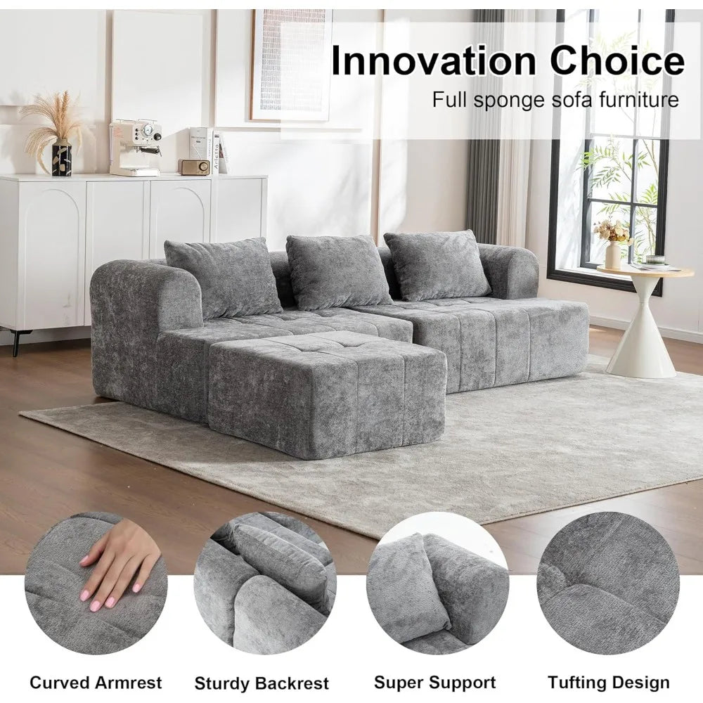 Contemporary Cloud-Inspired Modular Sectional Sofa, L-Shaped Couch with Plush Deep Seating and Ottoman, Chenille Tufted Sofa Col