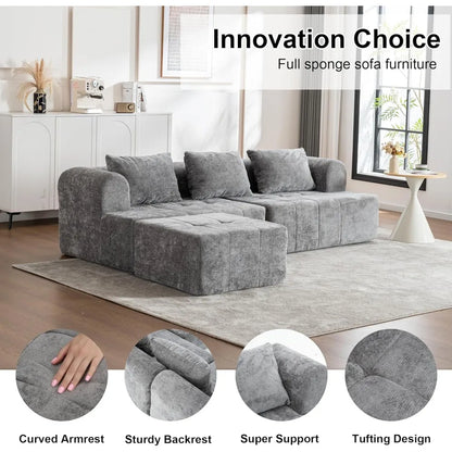 Contemporary Cloud-Inspired Modular Sectional Sofa, L-Shaped Couch with Plush Deep Seating and Ottoman, Chenille Tufted Sofa Col