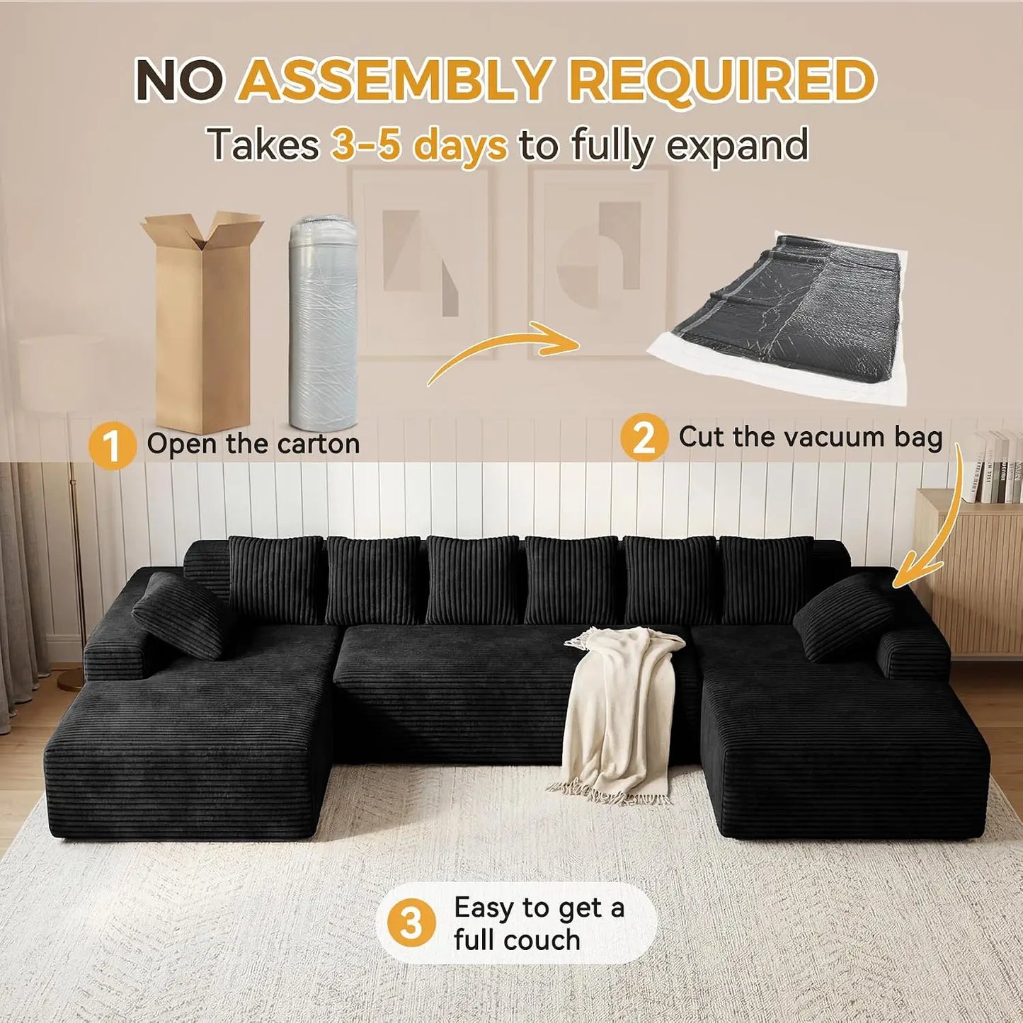131'' Oversized Boneless Cloud Couches with Chaise, Deep Seat U Shaped Modular Sectional Sofa for Living Room 1PCS,, Customized