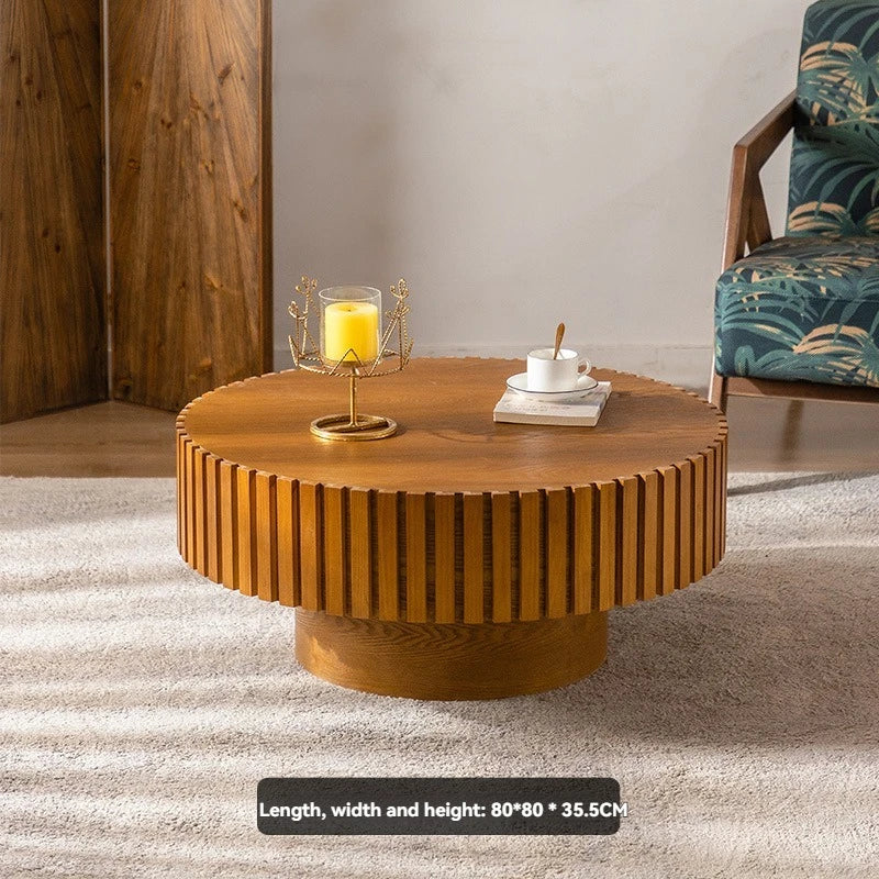 Modern Wooden Coffee Table Round Black with Solid Wood Veneered, Circle Center Table Accent Tea Table for Living Room Apartment
