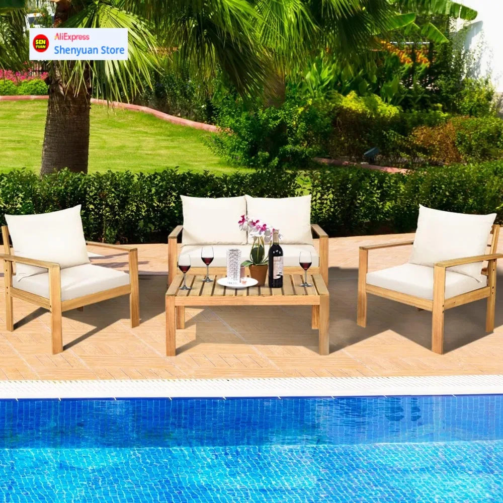 Curated outdoor 4-piece acacia wood chat set, 4 seater acacia wood conversation sofa and table set with water resistant cushions