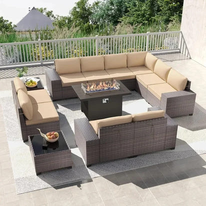 13-Piece Outdoor Patio Furniture Set with 43-Inch Gas Propane Fire Pit Table and Rattan Sectional Sofa