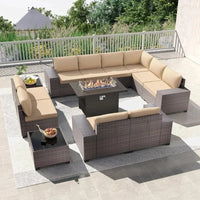 13-Piece Outdoor Patio Furniture Set with 43-Inch Gas Propane Fire Pit Table and Rattan Sectional Sofa