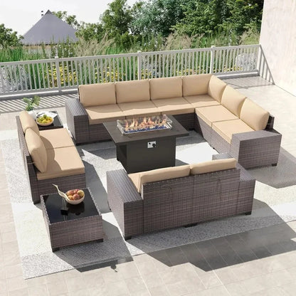13-Piece Outdoor Patio Furniture Set with 43-Inch Gas Propane Fire Pit Table and Rattan Sectional Sofa