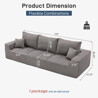 modern 3-seater gray sleeper sofa for living room, 113" modular corduroy couch, no assembly needed