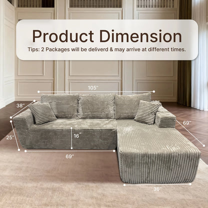 105" Boneless Cloud Couch for Living Room, Modular Sectional Sofa with Chaise, 4-Seater L-Shaped Sofa with Corduroy Fabric, No A