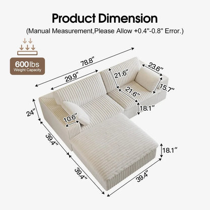 78.8" L - Shaped Modern Modular Sectional Cloud Couch with Ottoman: Plush Corduroy Upholstered Sofa for Living Rooms, Bedrooms
