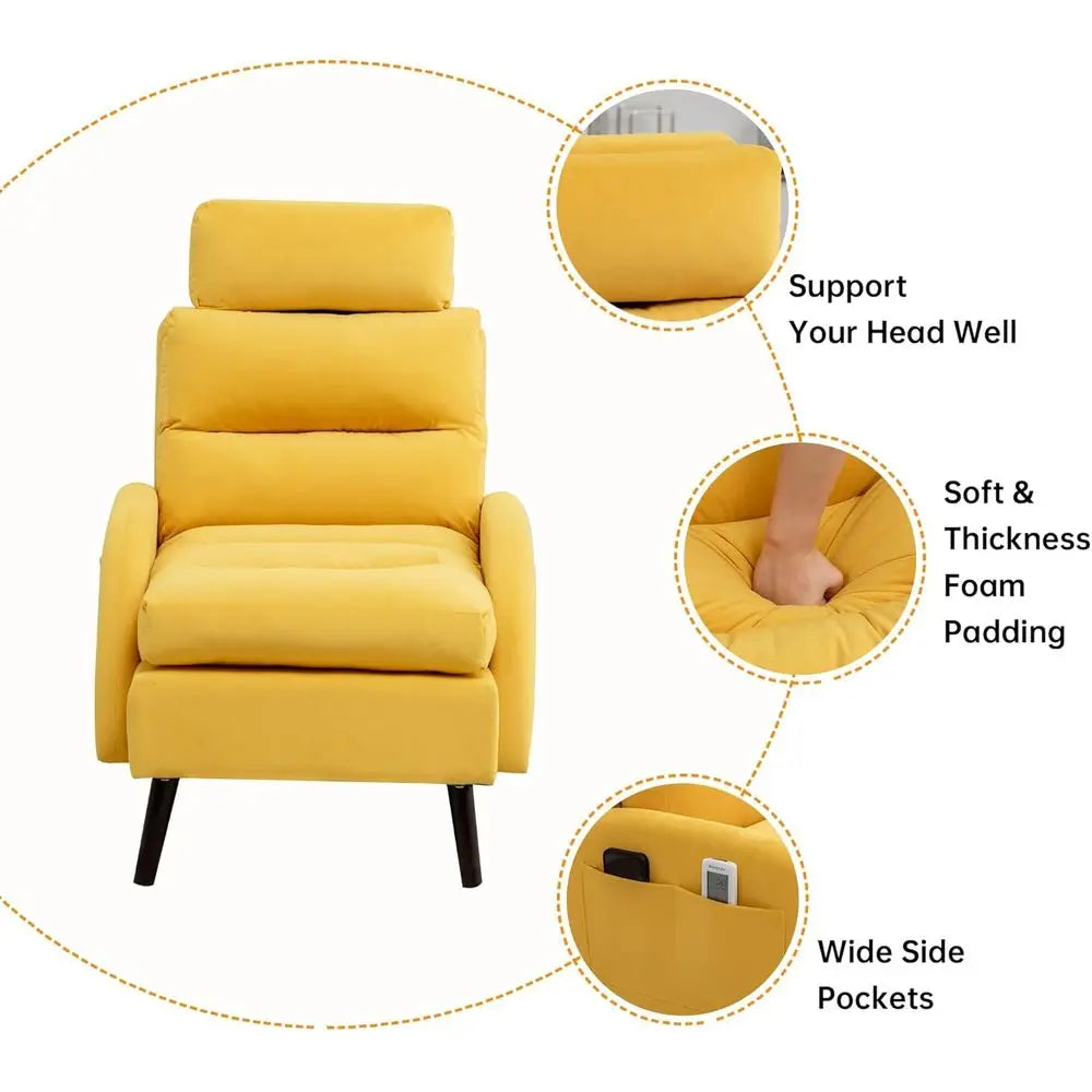 Yellow Velvet Oversized Lounge Chair with Ottoman and Adjustable Backrest for Living and Bedroom Comfort