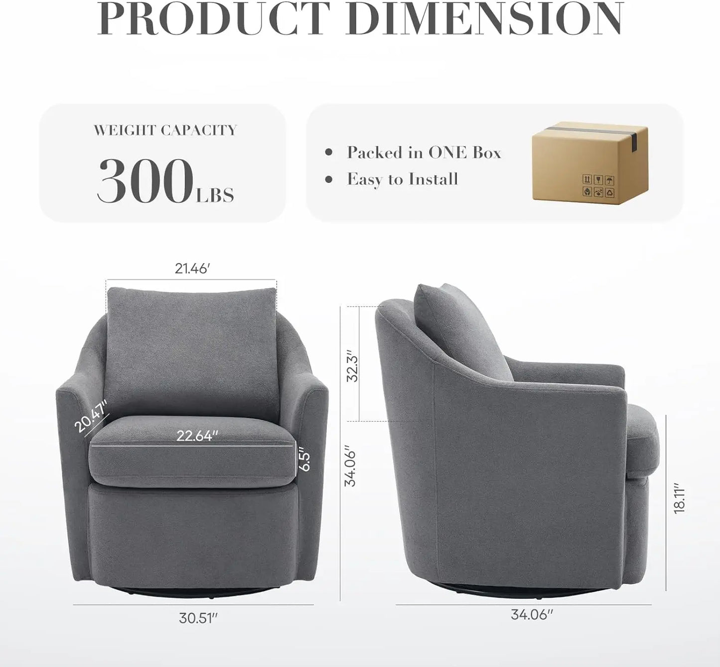 Swivel Accent Chair, Living Room Chair Upholstered 360° Swivel Chair Modern Reading Armchair for Bedroom/Office/Nursery,