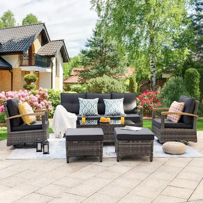 A  6 Pieces Outdoor Rattan Furniture Sets with 2 Wood Armrests Swivel Rocker Chairs, 2 Ottoman, 3-Seat Sofa and Coffee Table