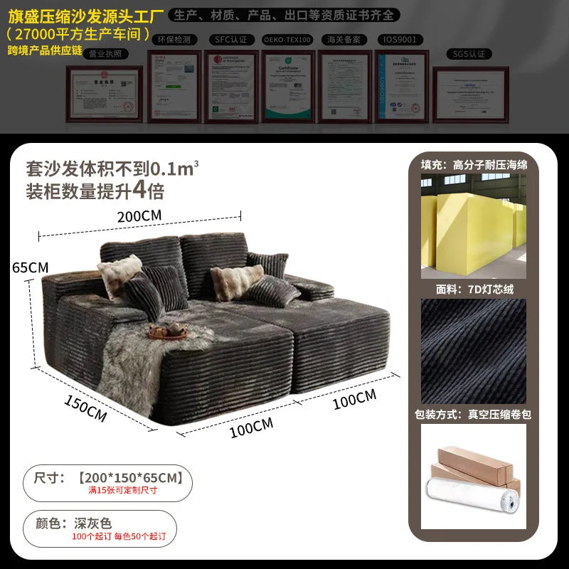 Vacuum Compressed Comfy Corduroy Fluffy Sofa Set Furniture Living Room Modular Couch Modern L Shape Sectional Sofa