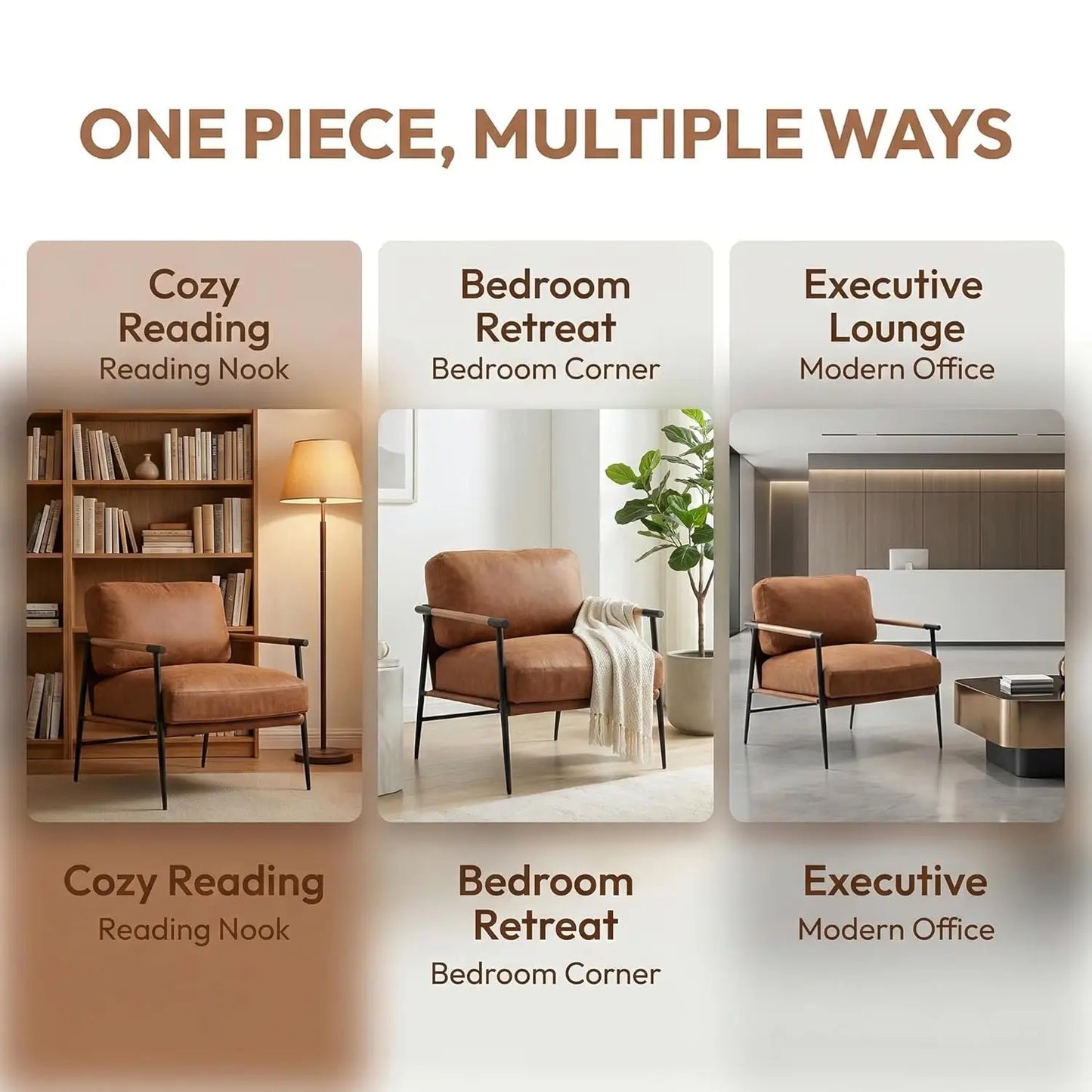 Mid-Century Leather Accent Chair Brown Modern Living Room Chair with Metal Legs Armchair Upholstered Comfy Leisure, Customized