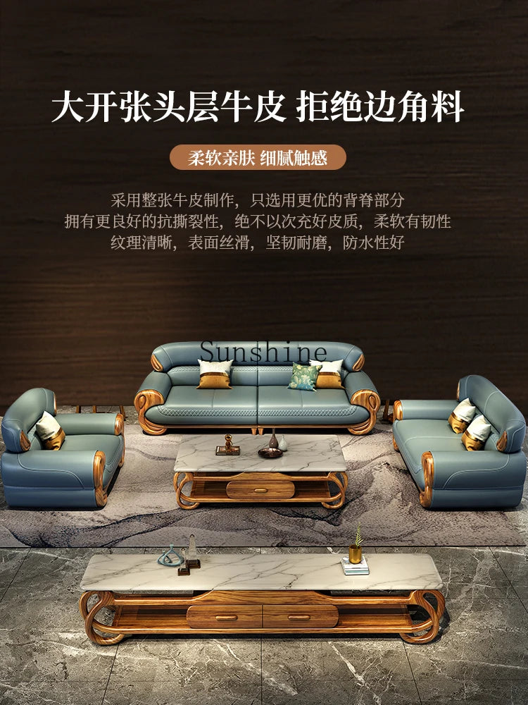 Ebony leather sofa living room new Chinese villa modern light luxury high-end sofa combination