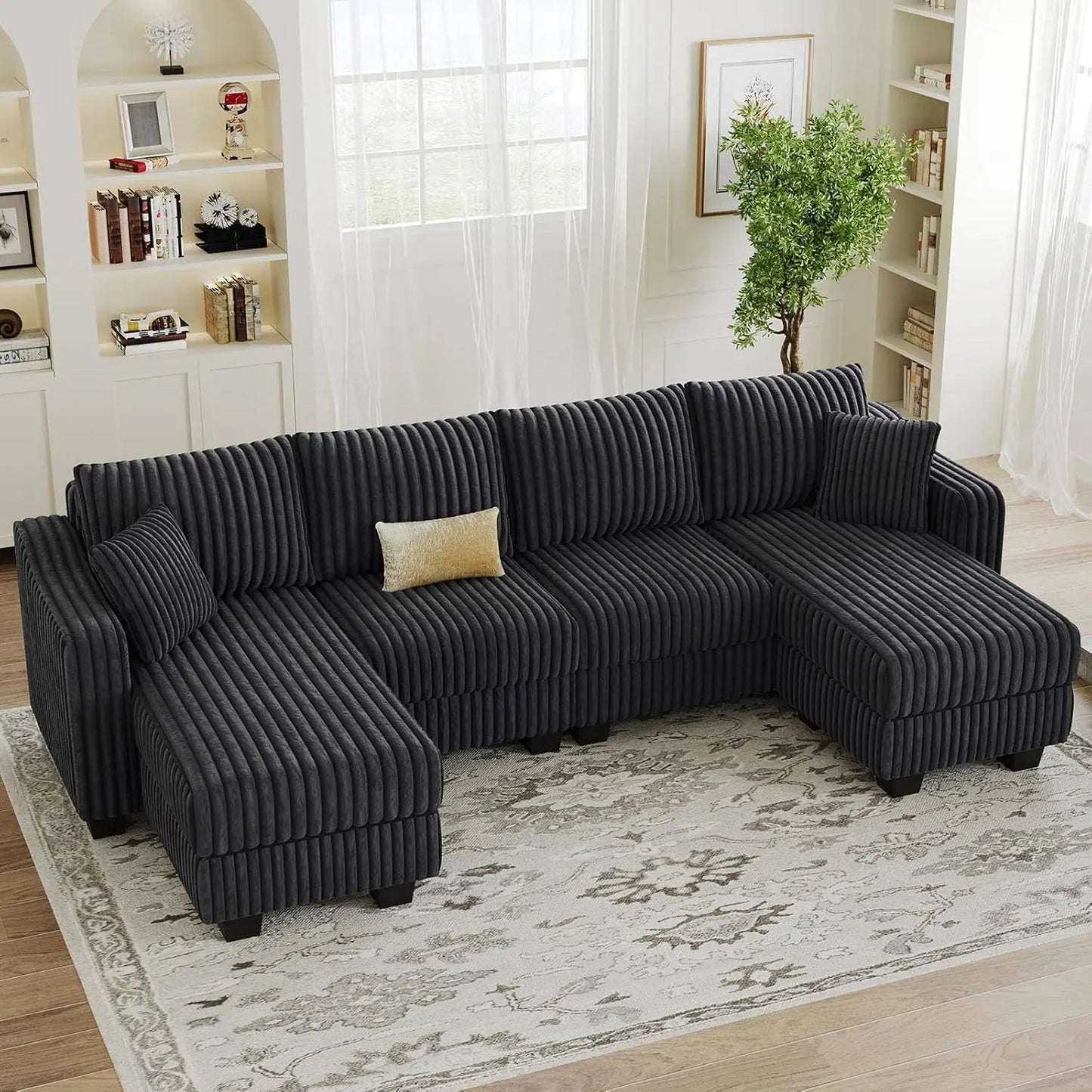 U Shaped Couch with Reversible Chaises Sectional Couches for Living Room Sectional Couch with Ottomans Corduroy (Black, U Shaped