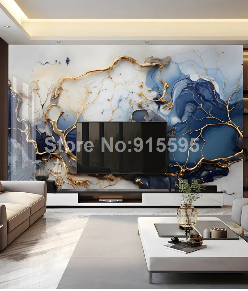 Custom Large Size 3D Wallpaper Modern Mable Golden Blue Wall Paper for Living Room TV Background Mural Canvas Home Decoration