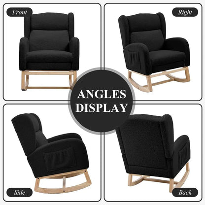 Nursery Rocking Chair with Footrest, Teddy Bear Upholstered Glider Chair, Nursery Gliding Recliner with Pocket, Living Room Glid
