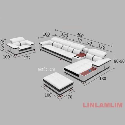 Modern U-Shaped Sectional Sofa with Chaise, White Genuine Leather Couch with Cup Holders, USB – Large Living Room Furniture Set
