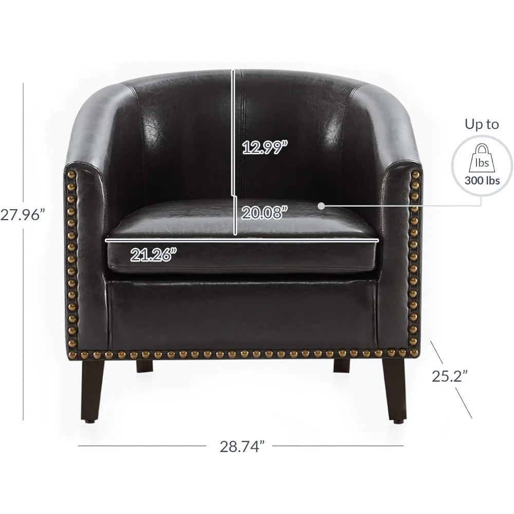 Accent Barrel Chair, Modern Faux Leather Tub Club Chair Upholstered Armchair with Gold Nail Head Trim and Black Legs for