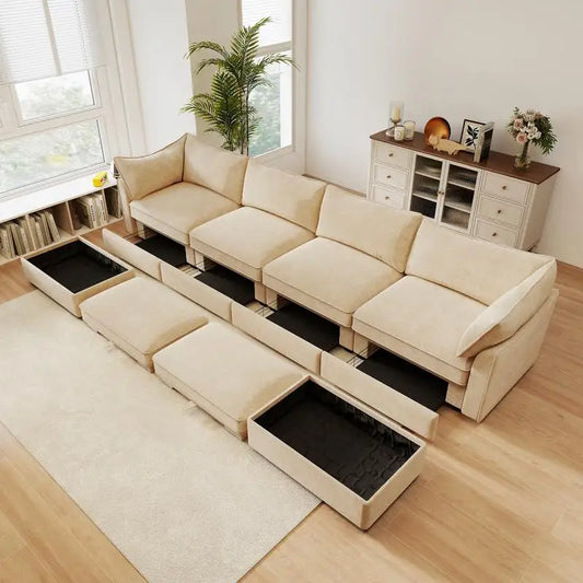 U-Shaped 4-Seat Deep Seat Sofa Couch with 2 Movable Ottomans, Oversized Modular Sectional Sofa with Storage Drawers Under Each