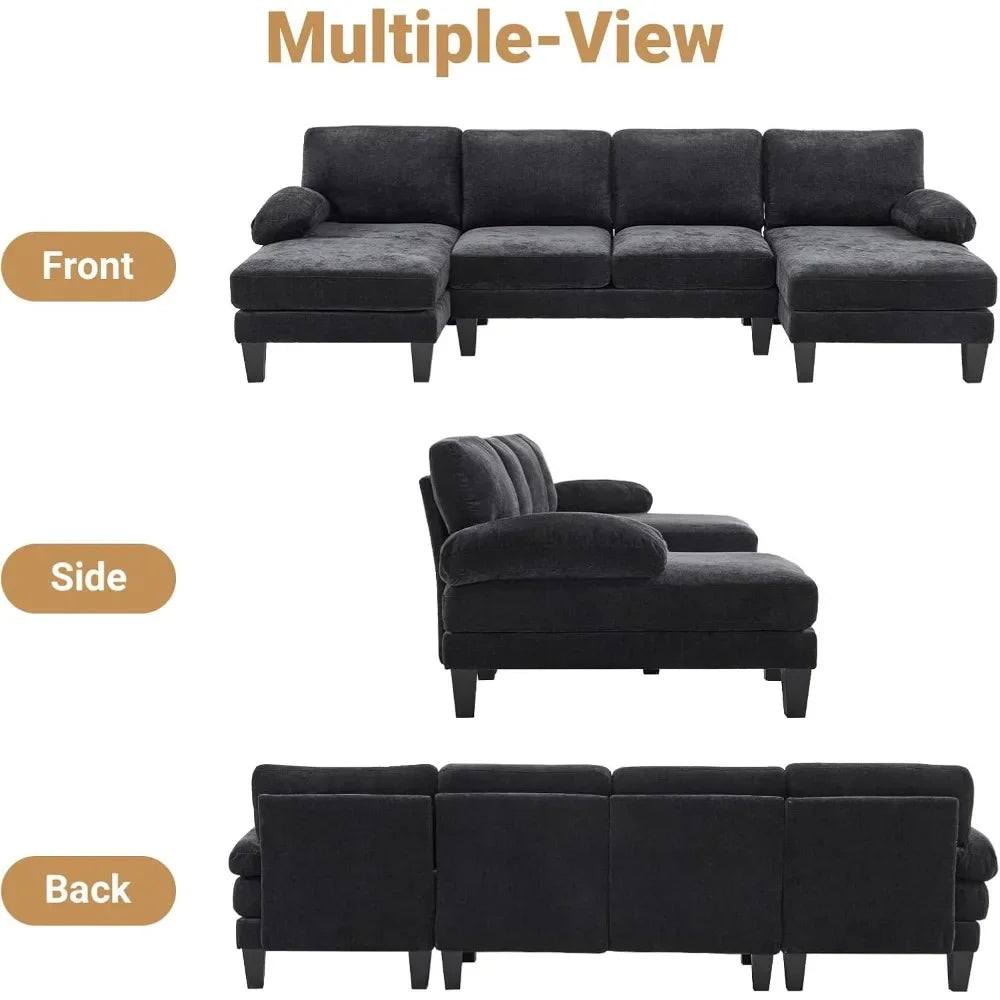 Living Room Sectional Sofa, U Shaped Sofa with Double Chaise Longue