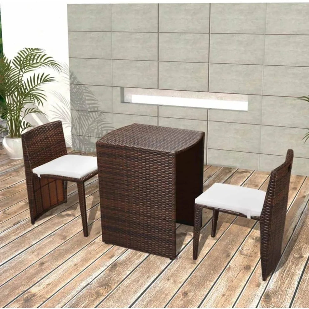 3 Piece Outdoor Bistro Set with Cushions-Poly Rattan Brown-Includes 1 Table and 2 Chairs-Compact Design for Balcony, Patio